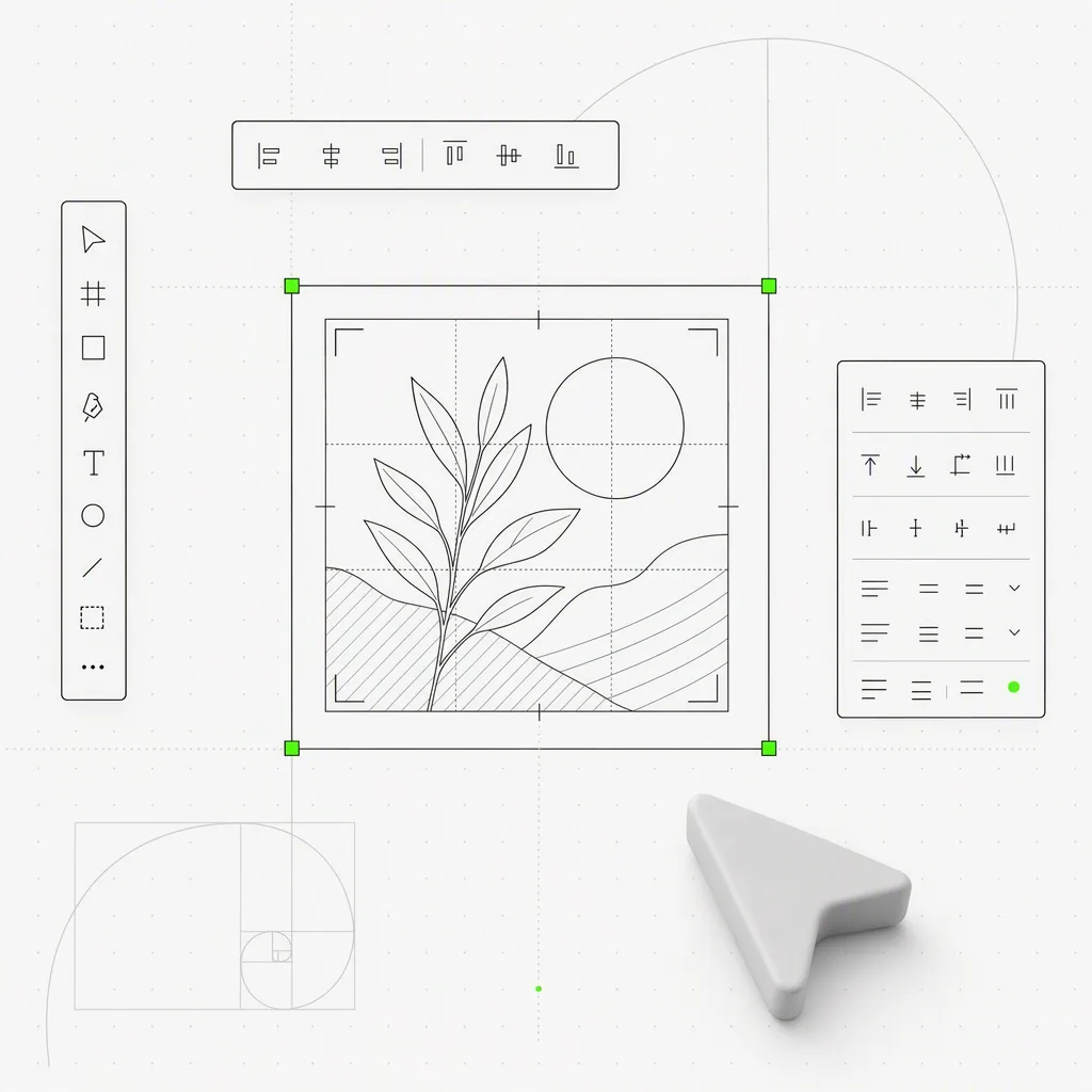 A design canvas with one selected element surrounded by resize handles, alignment guides, text controls and image crop tools, composed as precise line art on a near-white editorial ground