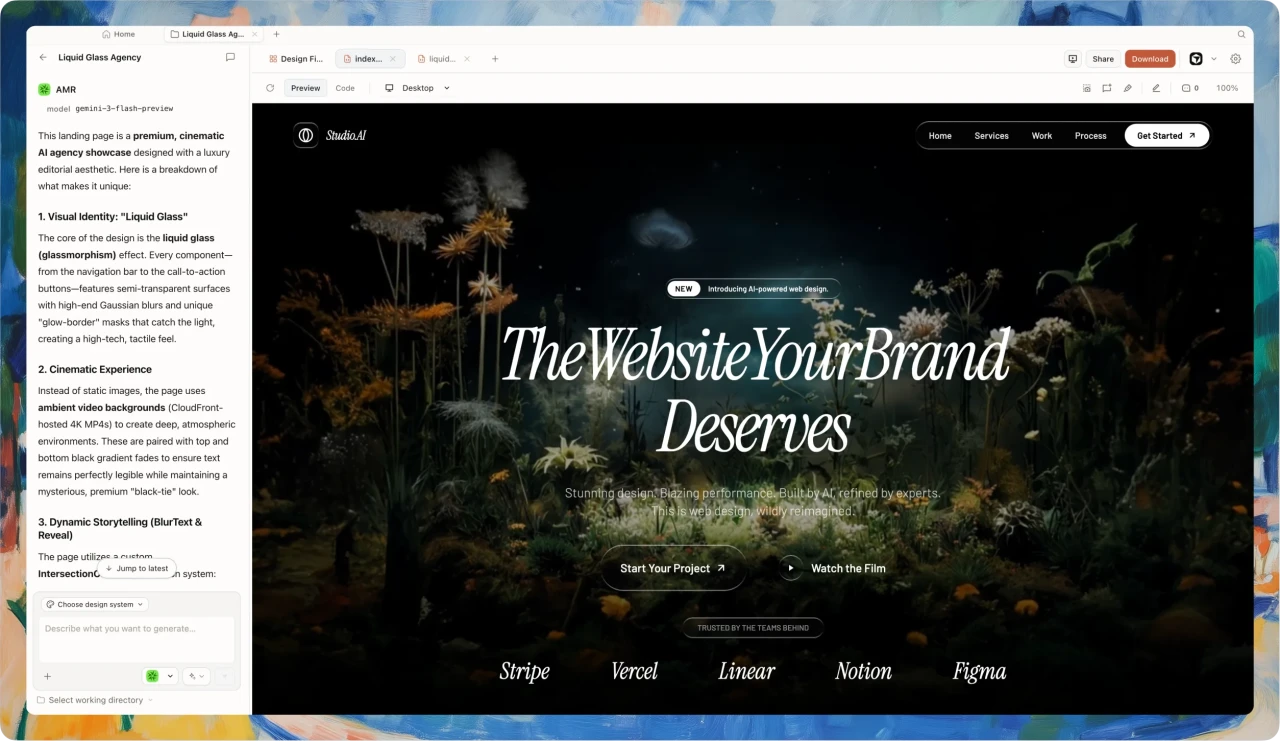 Open Design desktop workspace creating a website with a local agent and a curated design system.
