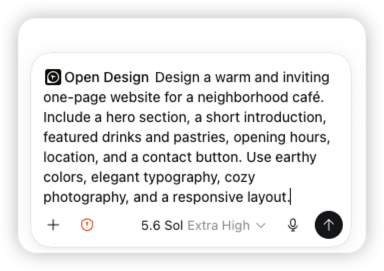 Ein echter Codex-Prompt, der Open Design mit einer einladenden Website für ein Nachbarschaftscafé beauftragt