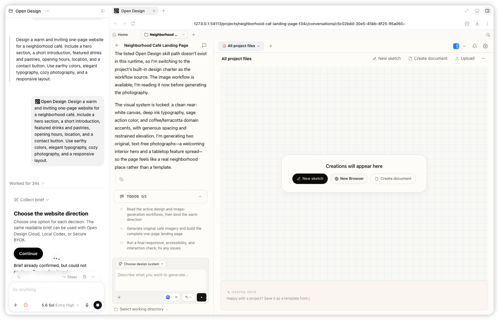 Ein echter Arbeitsbereich von Codex und Open Design während der Erstellung der Website für das Nachbarschaftscafé
