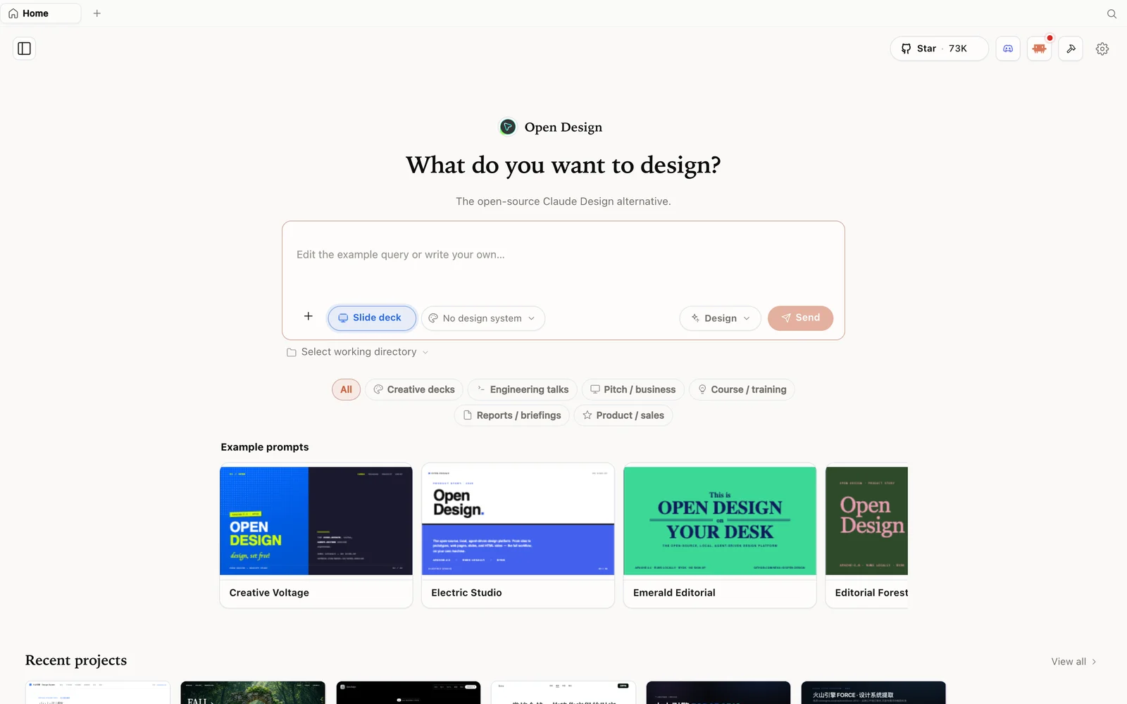 예시 덱이 있는 Open Design의 슬라이드 덱 모드.